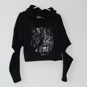 Black Cropped Hoodie With Tiger  Metallic Head Print small